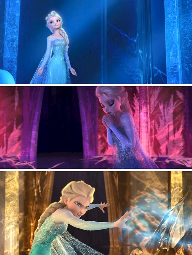 #12 U  filmu Frozen (2013), Elsin dvorac mijenja boju prema njenim emocijama. Plava simbolizira njezinu sreću, crvena je strah, a žuta je bijes.