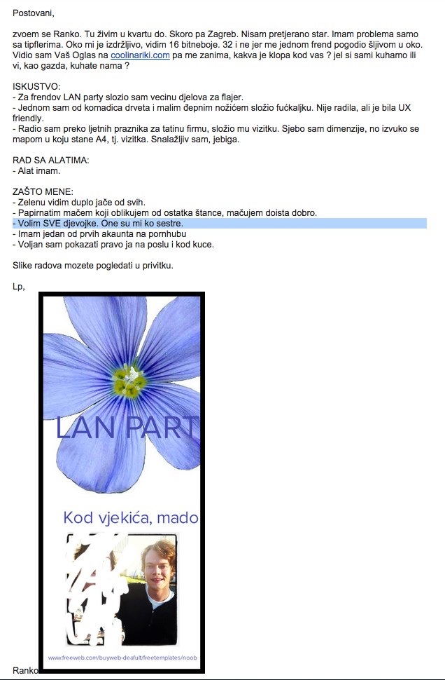 Suluda prijava na oglas za posao.