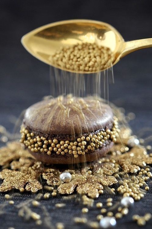 Chocolate Macarons with real gold.