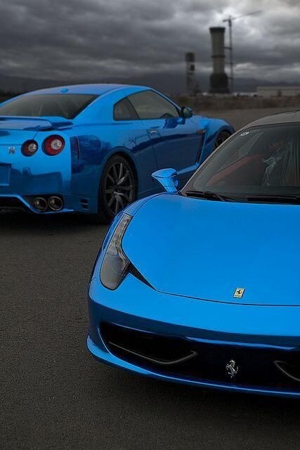 Blue Chrome Nissan GTR and Ferrari 458 Italia