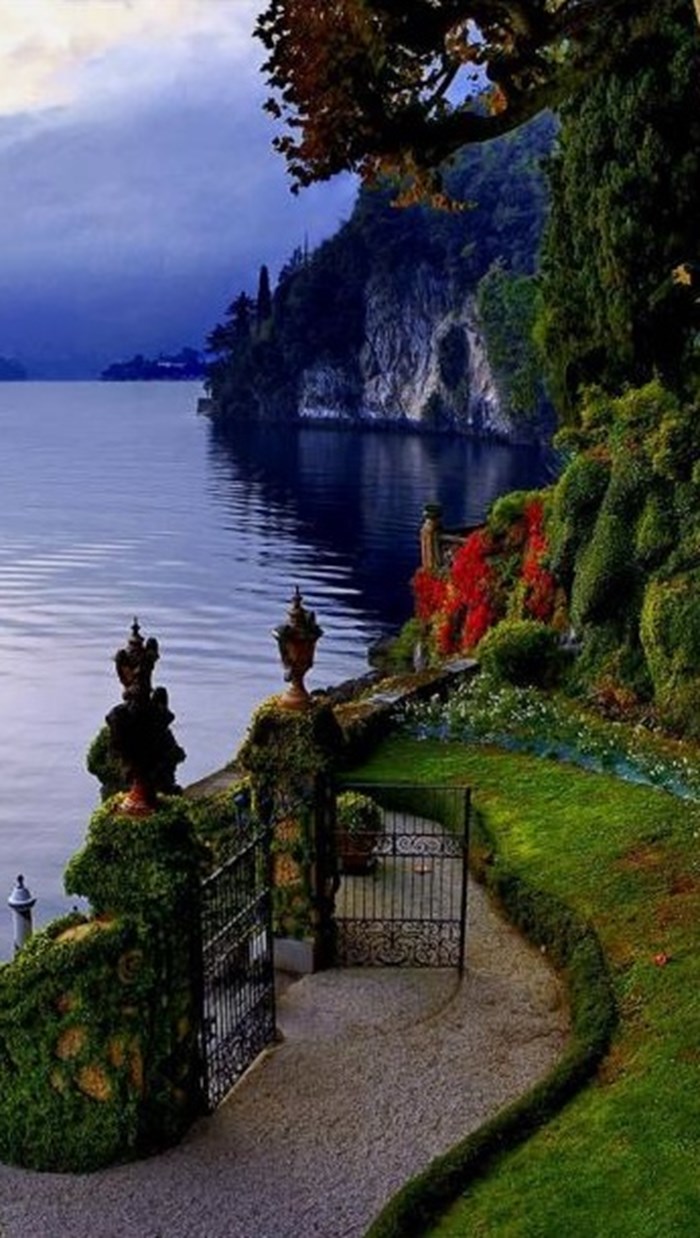 Lakeside garden at The Villa del Balbianello on Lake Como.