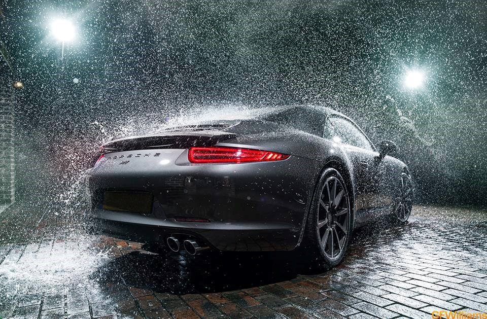 Porsche in the rain.
