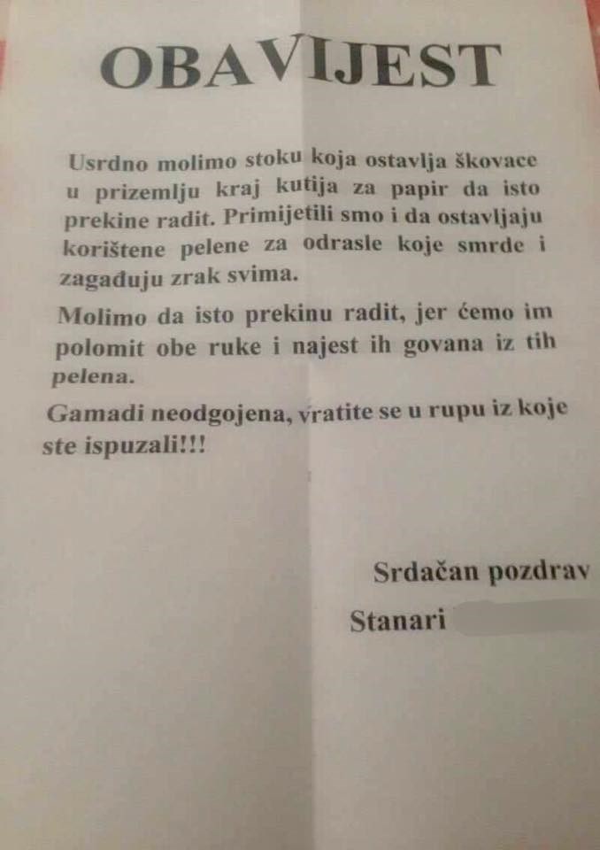 Kaotične susjede dočekala prijeteća poruka ostalih stanara: "Najest ćemo ih govana iz tih pelena..."