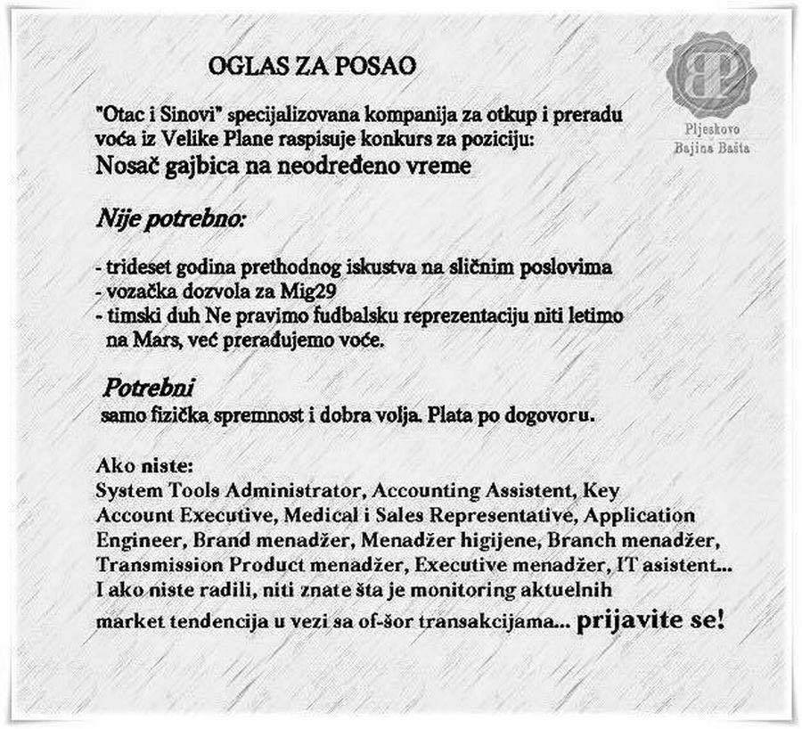 Oglas za posao na koji ćete se javiti ove sekunde!