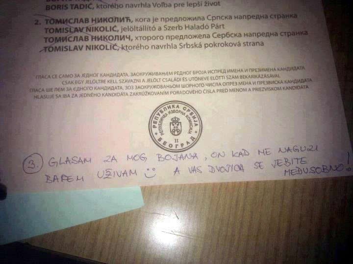 Glasački listić iz Srbije: Bojan bolje guzi