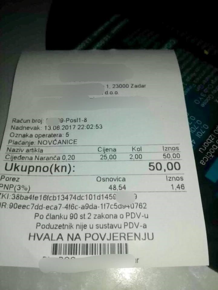 Račun iz Zadra izazvao brdo komentara: Je li ovo previše za cijeđene naranče?