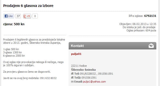 Oglas: Prodaje 6 glasova za izbore