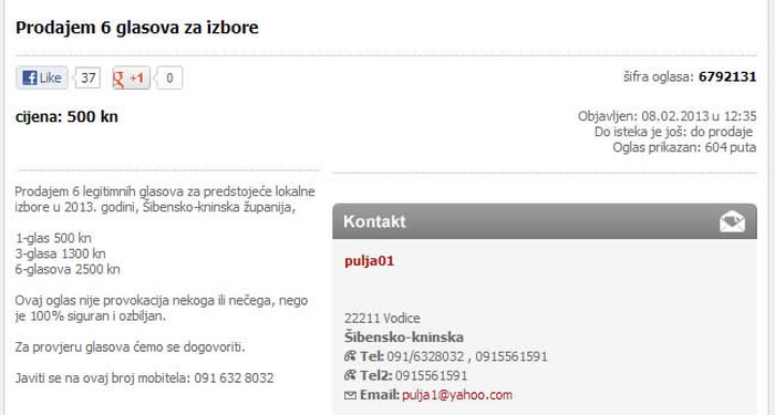 Oglas: Prodaje 6 glasova za izbore
