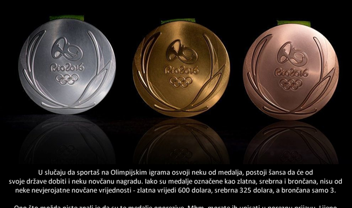 Koliko novca Olimpijci dobiju od države kao nagradu za medalju?