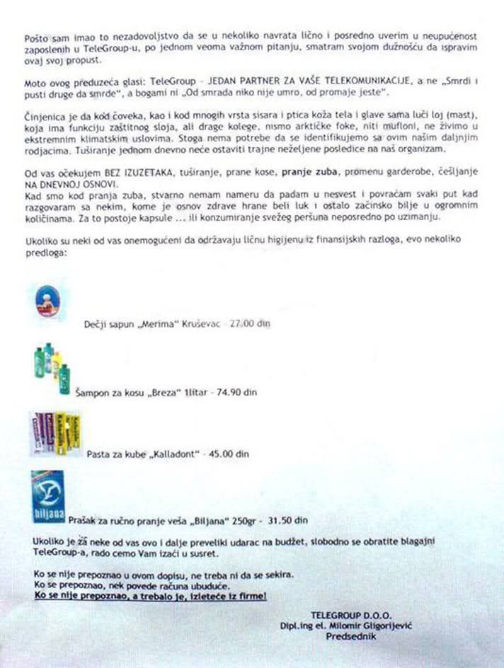 Molba smrdljivim radnicima: Peri se ili letiš iz firme!