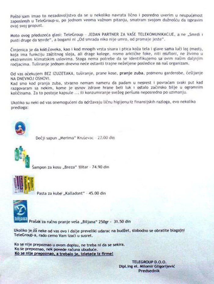 Molba smrdljivim radnicima: Peri se ili letiš iz firme!