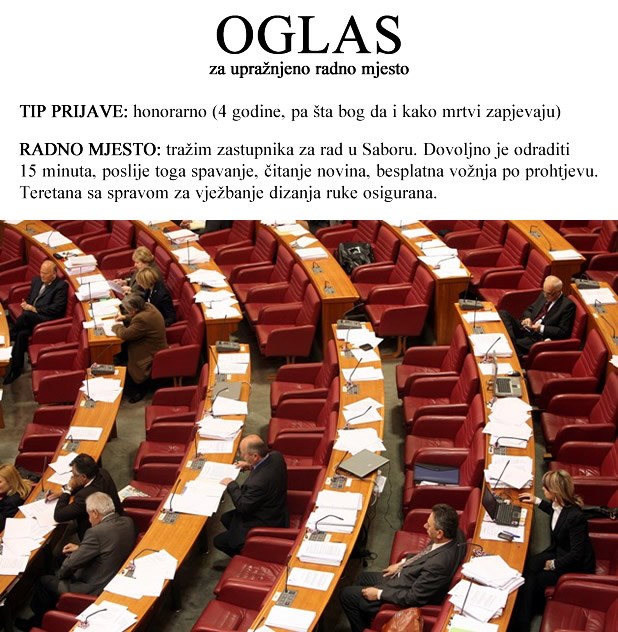 Oglas za posao: Tražim zastupnika za rad u Saboru
