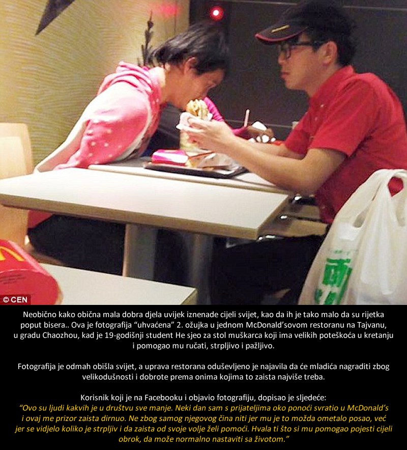 Zaposlenik fast fooda pomogao nepokretnom čovjeku pojesti, ali pogledajte kako je uprava reagirala!