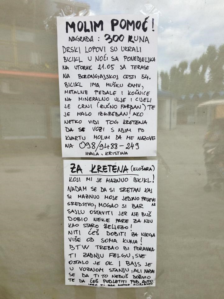 Poruka za klošarskog kretena koji joj je maznuo bicikl