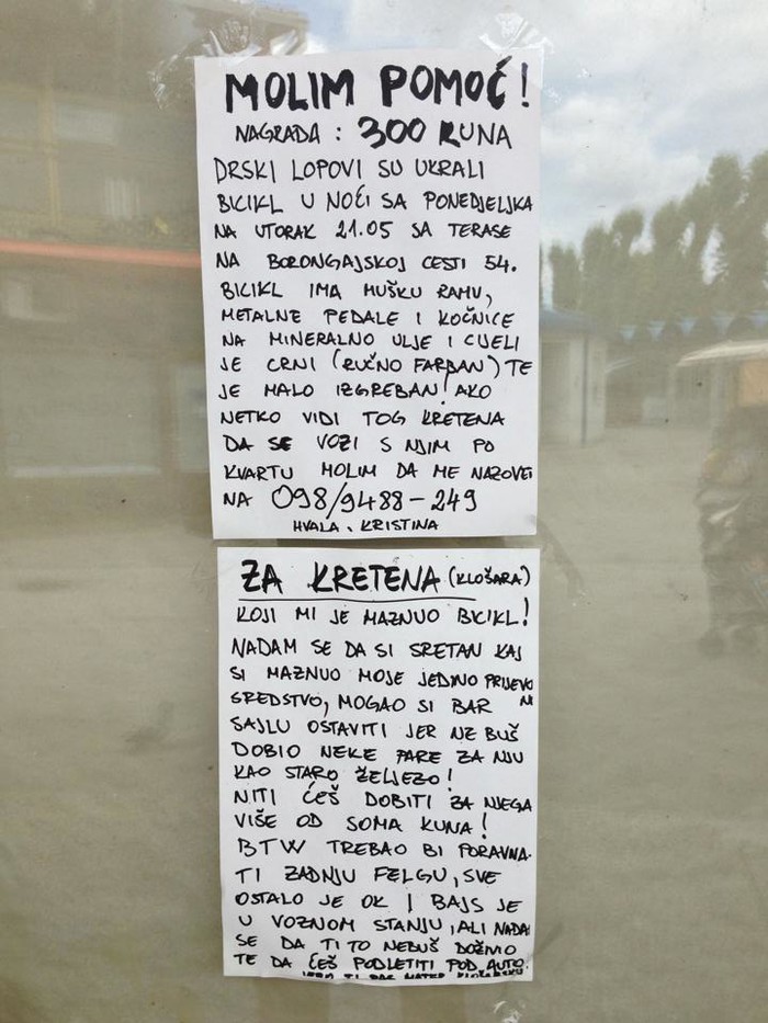 Poruka za klošarskog kretena koji joj je maznuo bicikl
