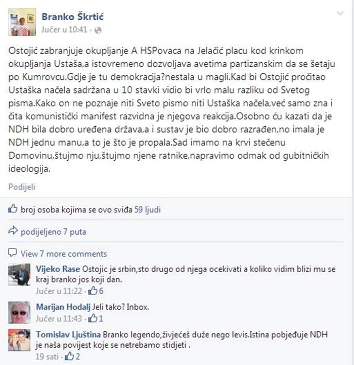 Skandal: HDZ-ovac Škrtić javno veliča NDH po Facebooku!