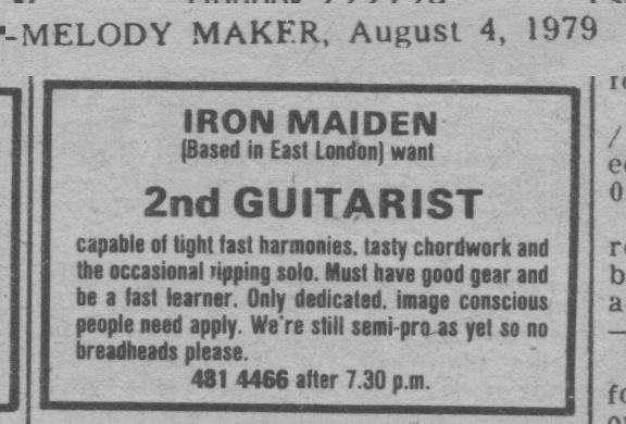 Oglas za gitarista Iron Maidena iz 1979.