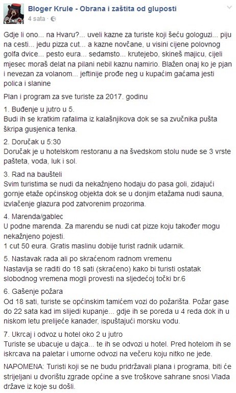 Bloger Krule je napisao što misli o kaznama za turiste, a dao im je i plan i program za sezonu 2017.