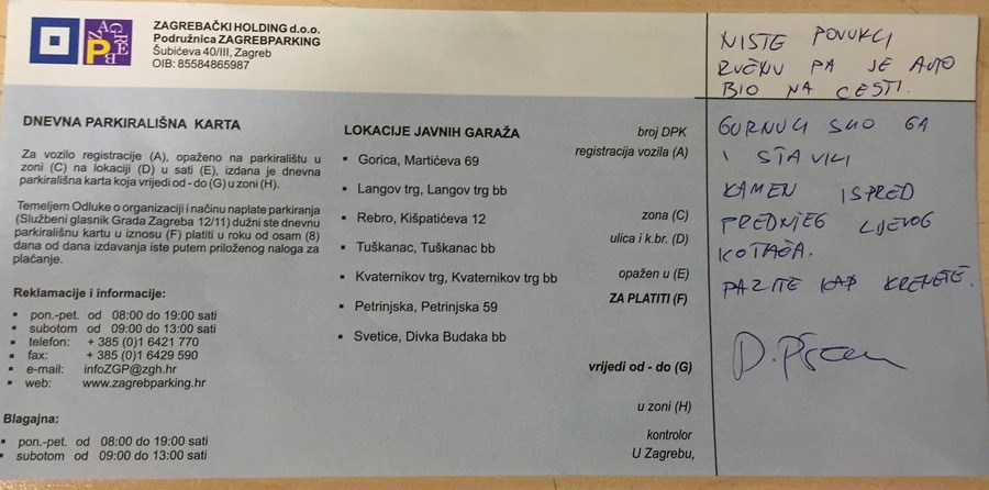 tip u Zagrebu parkirao automobil, platio parking, a onda ga na povratku dočekala čestitka..za ne vjerovati