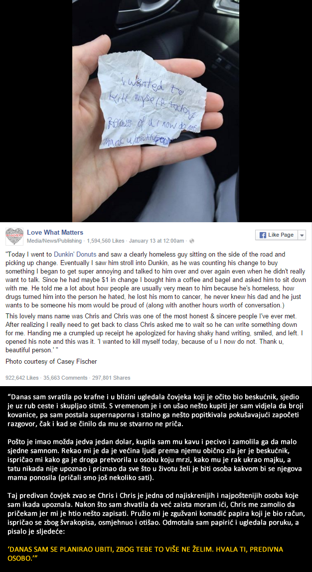 Ljubazna gesta ove žene spasila je život beskućniku, poruku koju joj je ostavio pamtit će cijeli život