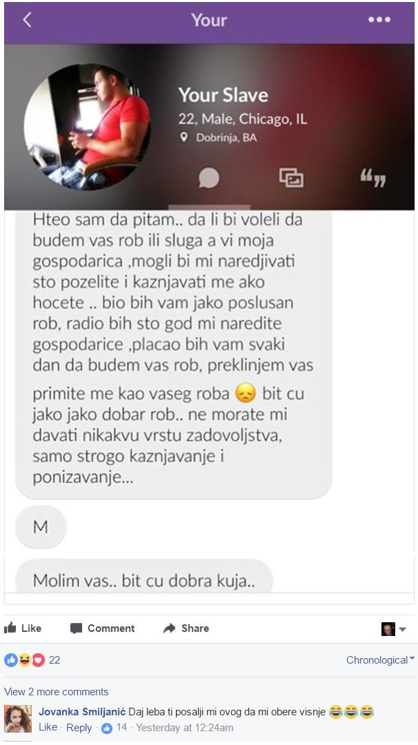 Muškarac joj poslao jezivu poruku, a nakon što ju je podijelila na fejsu, uslijedio je urnebesni komentar