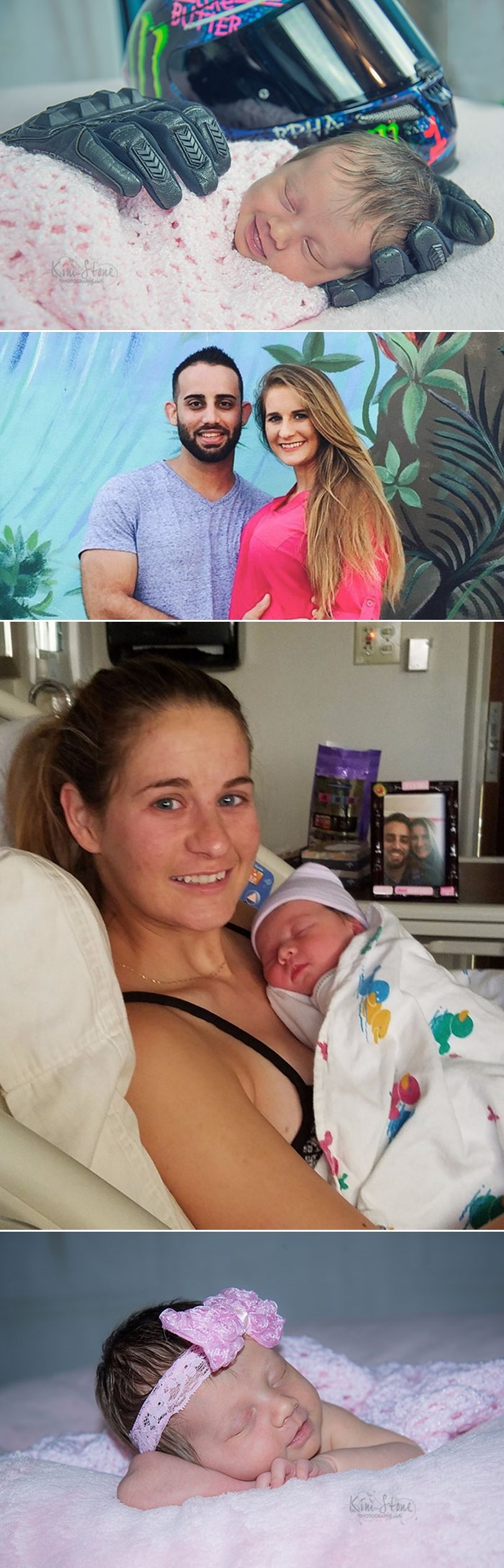 Bebica se smješka umotana u motociklističke rukavice svog tate.. kojeg više nema