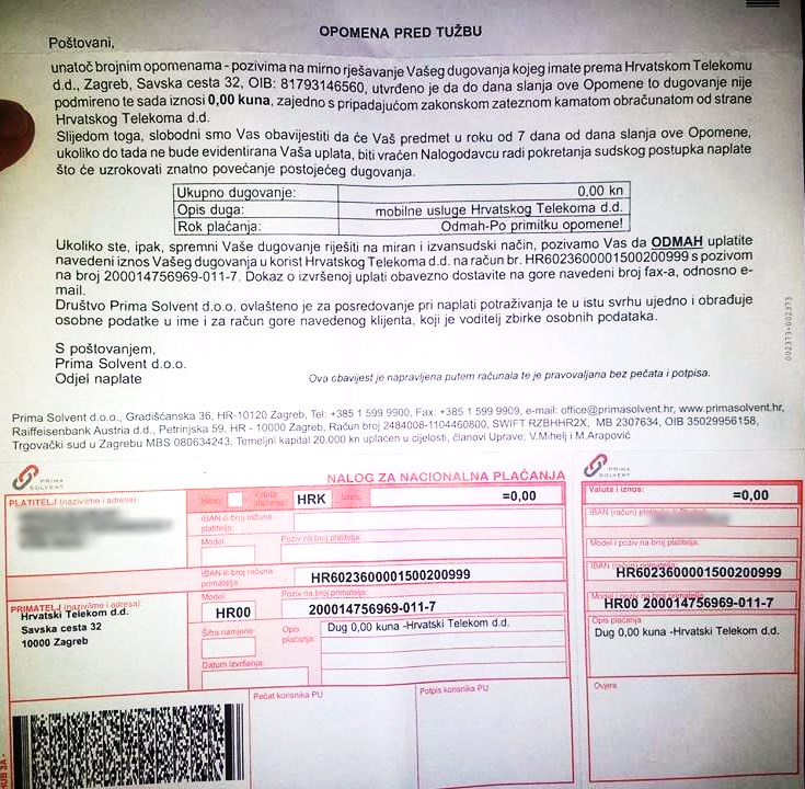 Sumrak pameti: HT korisniku prijeti tužbom zbog 0 kuna duga!