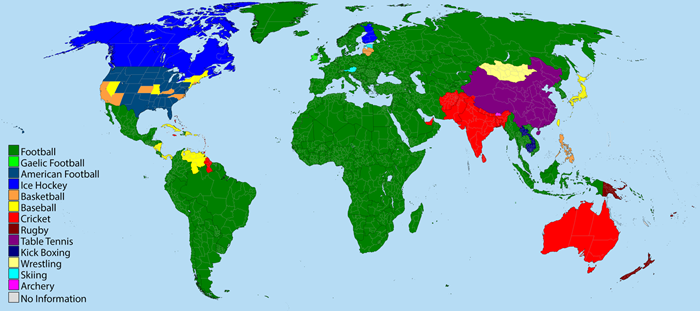 Ova karta svijet prikazuje koji su sportovi najpopularniji u pojedinim državama