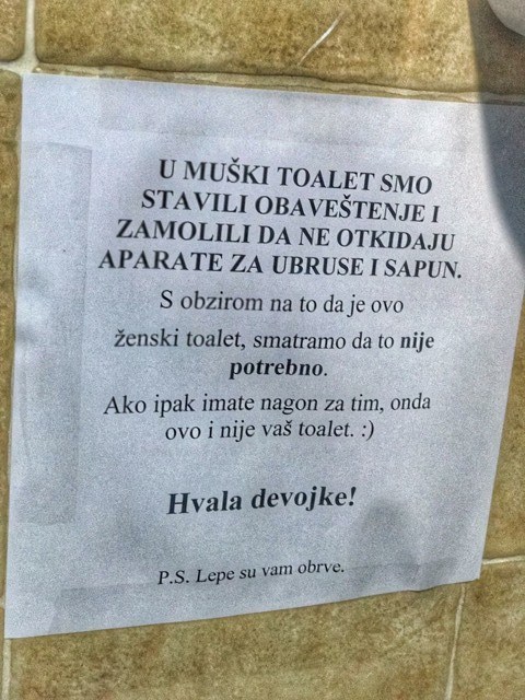 Ostavili su urnebesnu poruku u toaletu nakon koje se nitko neće usuditi raditi nerede