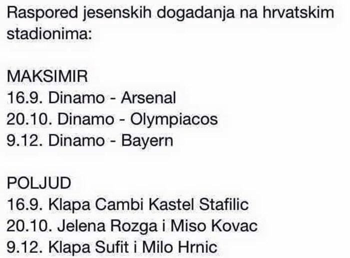 Raspored jesenskih događanja na hrvatskim stadionima