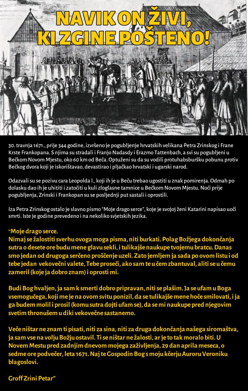 U sjećanje: Prije 344. godine, život su za Hrvatsku dali Zrinski i Frankopan