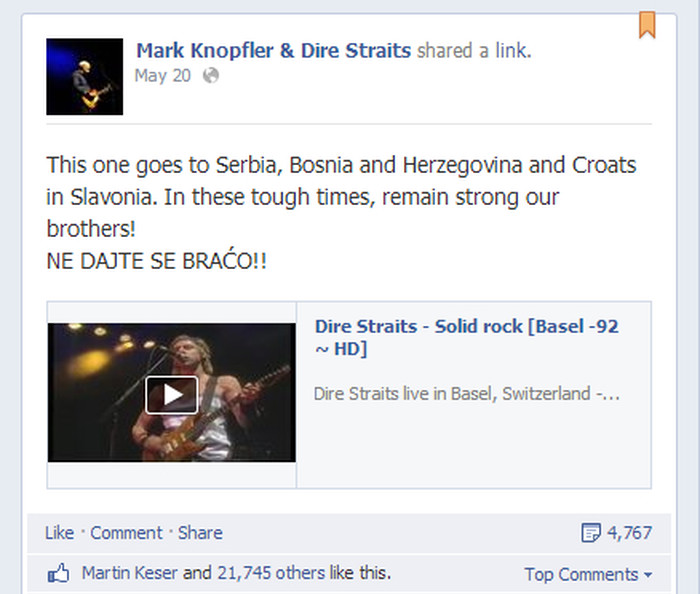 Mark Knopfler s Facebooka: "Ne dajte se, braćo!!"