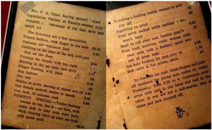 Stari cjenik javne kuće s popisom usluga