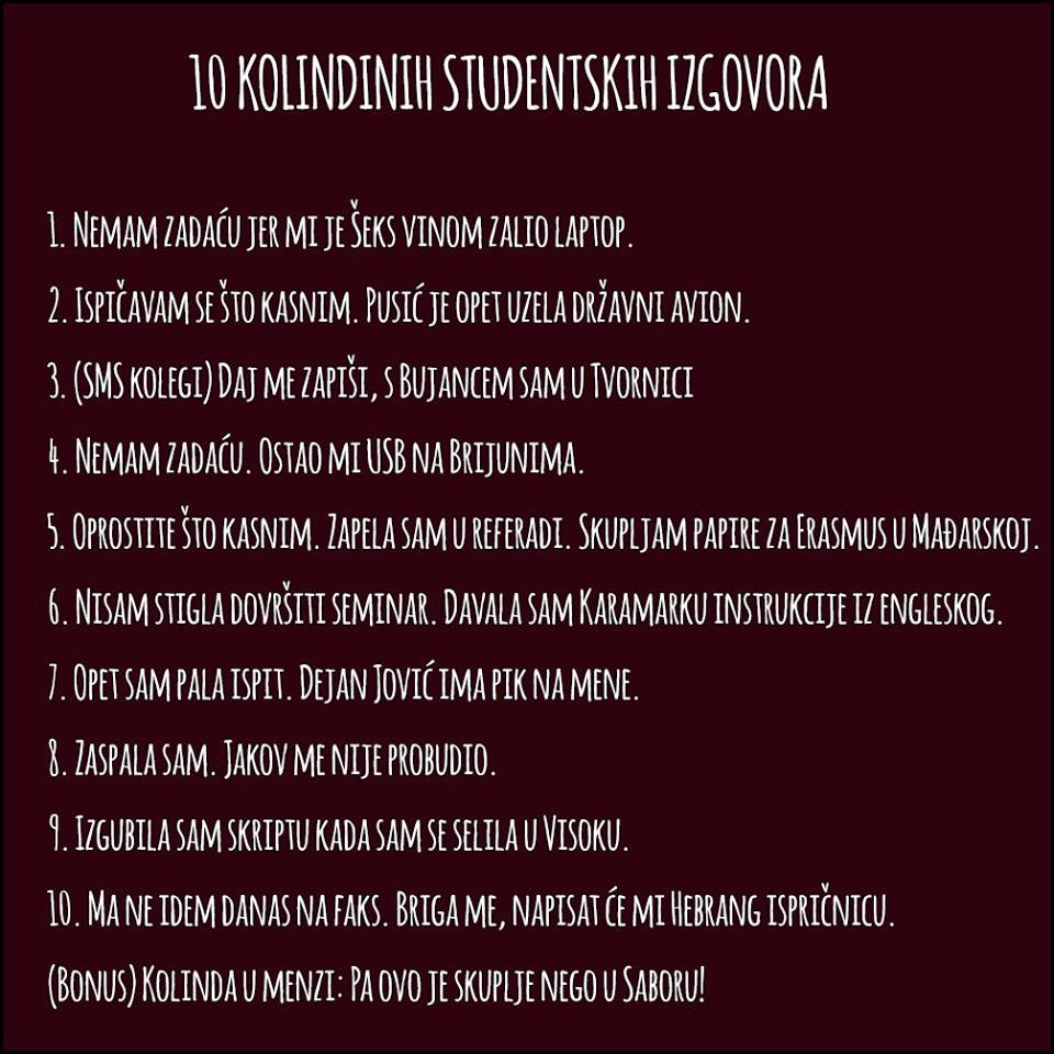 TOP 10 Kolindinih studentskih izgovora