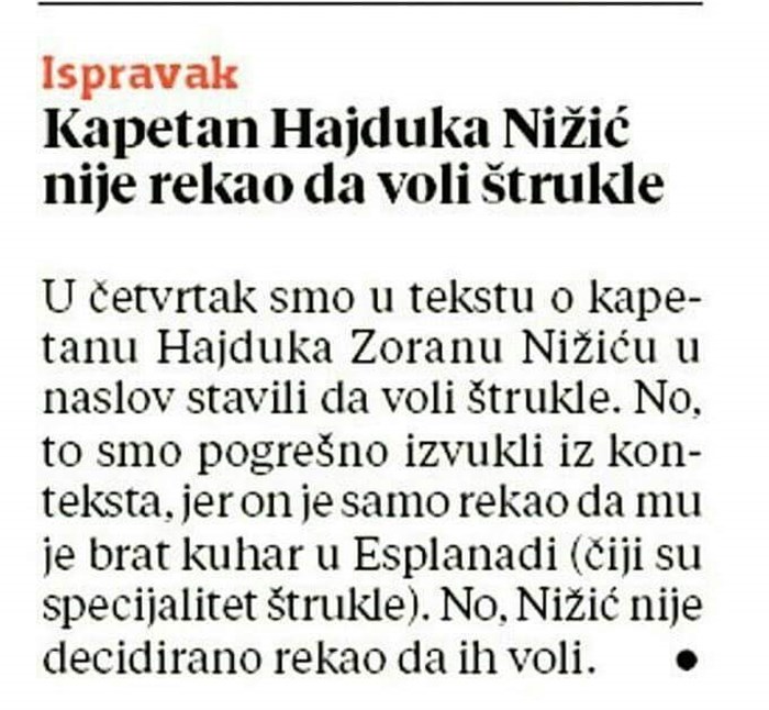 Novine naljutile igrača Hajduka, morali su napisati ispravak netočnog navoda