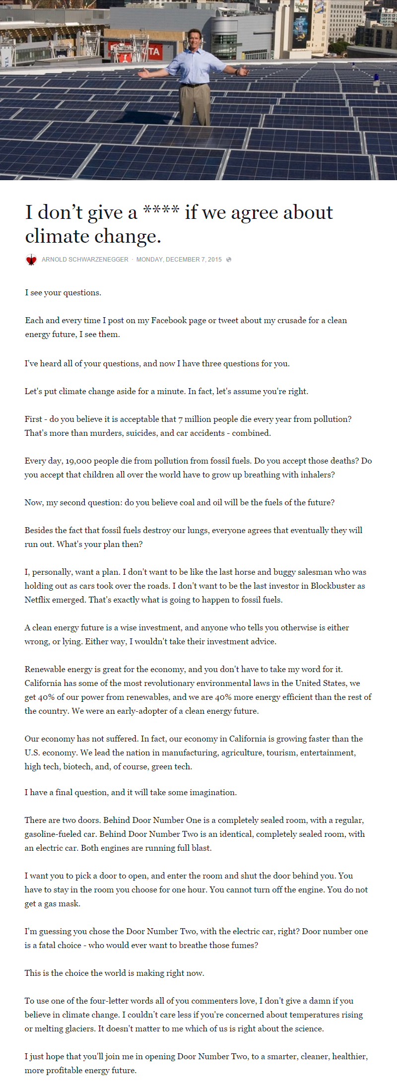 ŠVARCIJEVA PORUKA: "Je.. mi se ako se ne slažete samnom oko klimatskih promjena!"