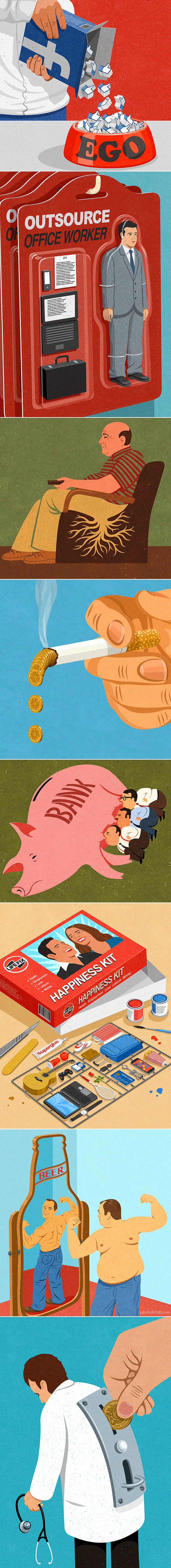 Satirične ilustracije ludosti modernog života u stilu crteža '50-ih