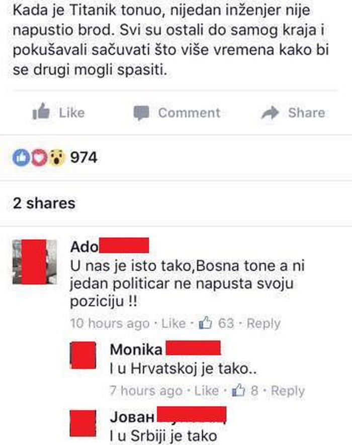 Odlična usporedba balkanskih političara s Titanikom