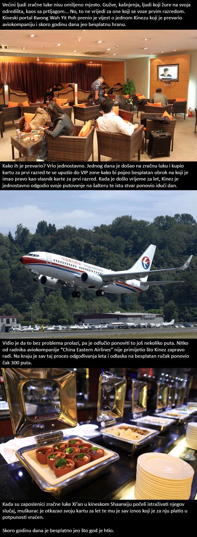 Kinez prevario aviokompaniju, skoro godinu dana se besplatno hranio u VIP zoni zračne luke!