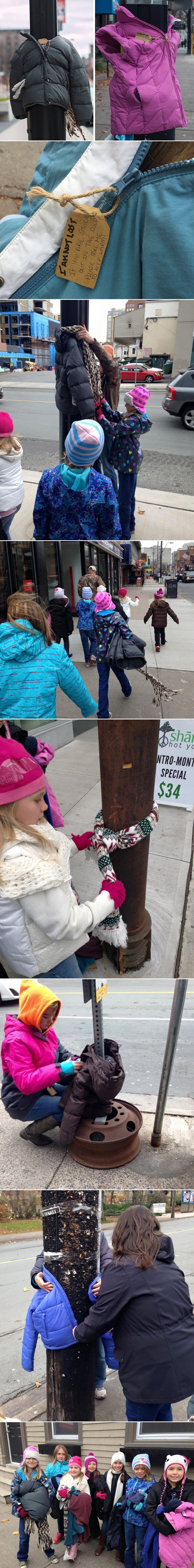 GALERIJA: Djeca oko bandera vezala tople zimske jakne i šalove kao poklon beskućnicima koji se smrzavaju