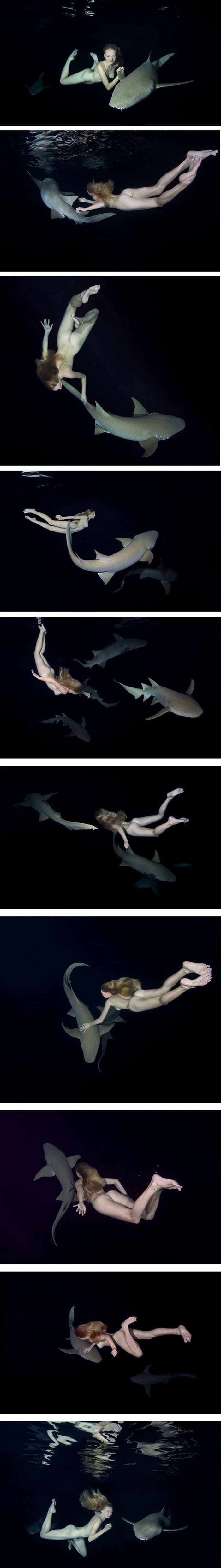 Model Irina Britanova gola se fotografirala pod vodom s morskim psima