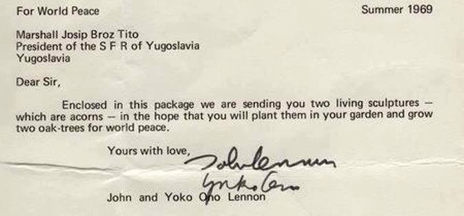 Pismo koje je 1969. Tito dobio od Lennona