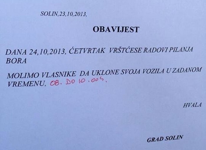 Oprez! Vrštćese radovi pilanja bora!
