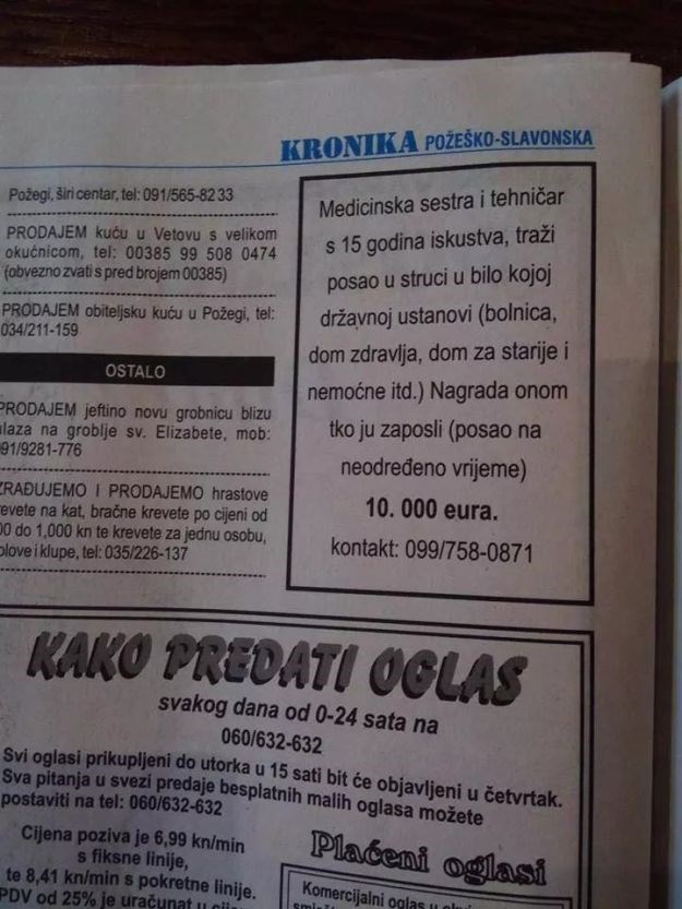 Članak: Medicinska sestra putem oglasa za posao nudi 10 tisuća eura