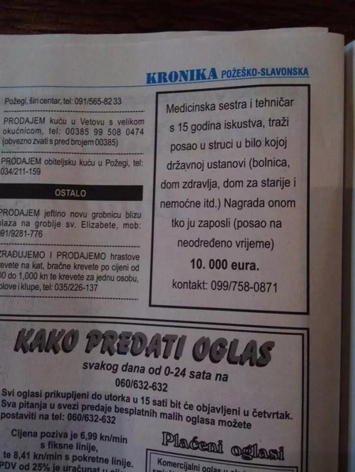 Članak: Medicinska sestra putem oglasa za posao nudi 10 tisuća eura
