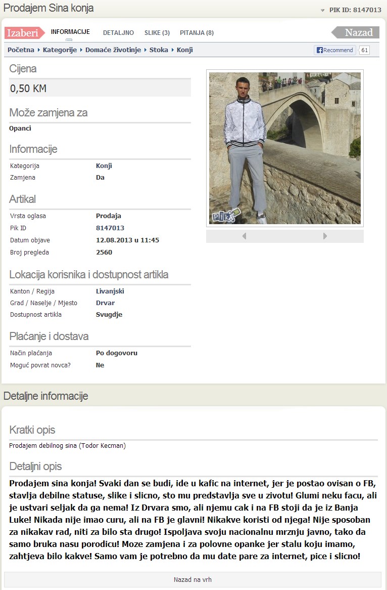 Prodaje sina konja: Beskoristan, lijen, cuga i ide na Fejs
