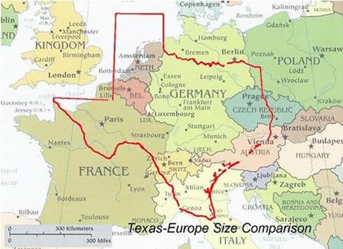 Veličina Teksasa u usporedbi s Europom