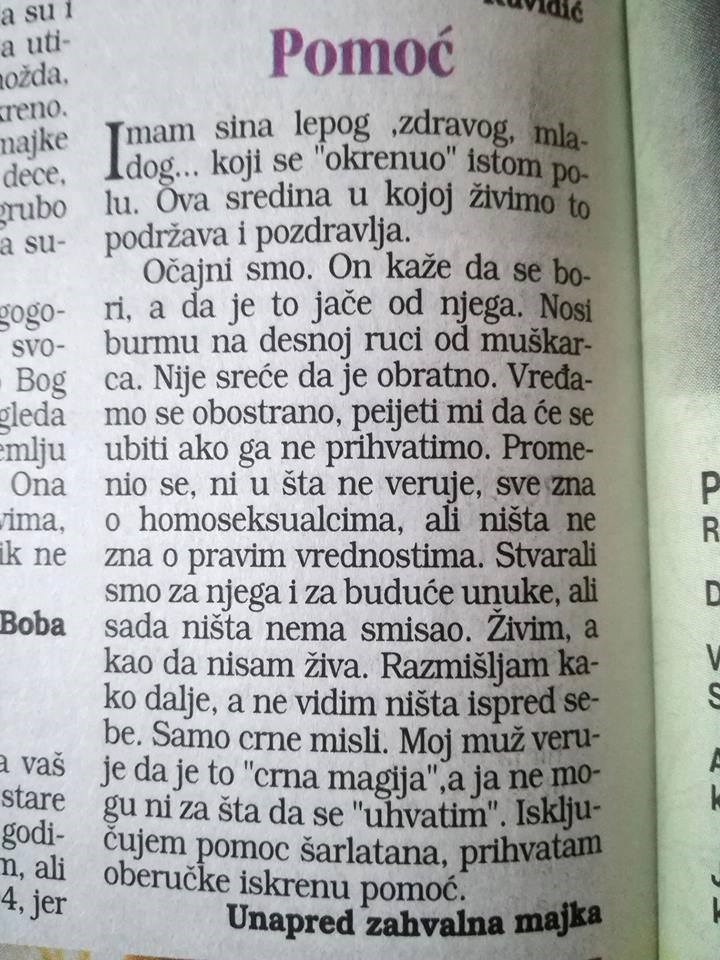 Njezin je sin priznao da je homoseksualac, a ona je zatražila pomoć u novinama