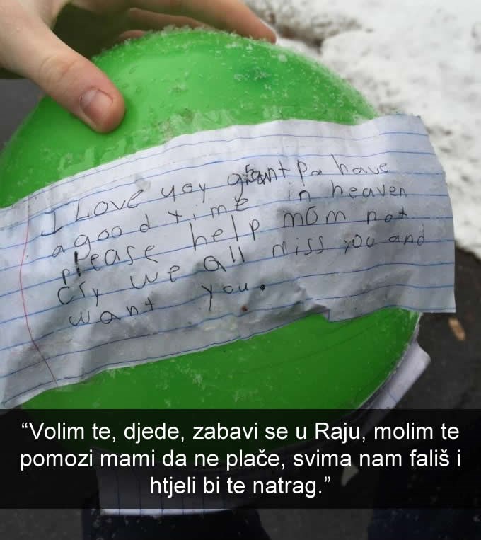 Dirljiva poruka unučića poslana balonom djedu u "raj"