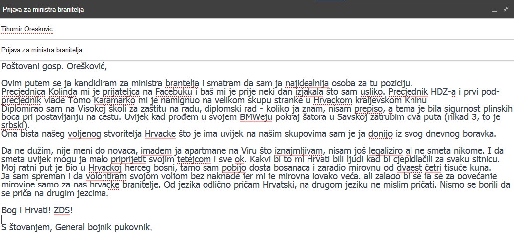 APSOLUTNI HIT: Urnebesna prijava za ministra branitelja